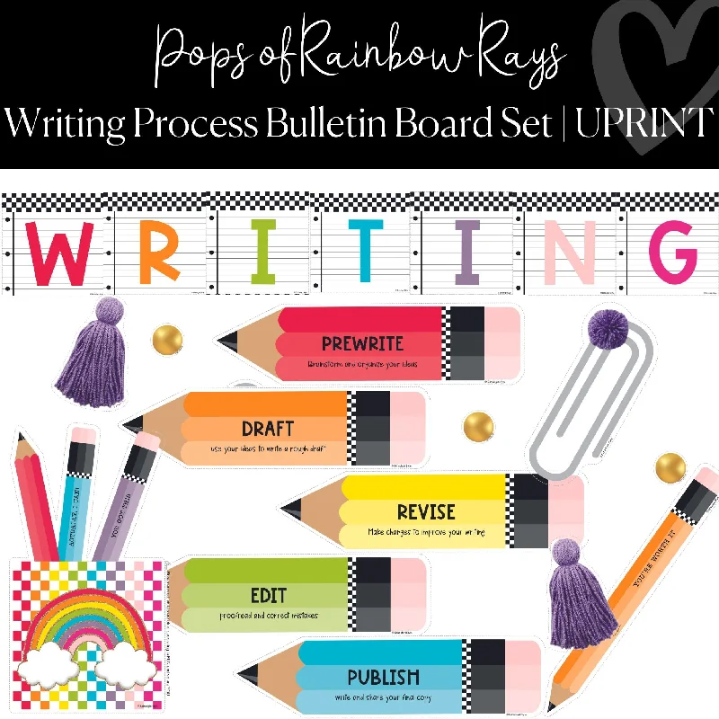 Writing Process Bulletin Board Set | Rainbow Classroom Decor | Pops of Rainbow Rays | UPRINT | Schoolgirl Style