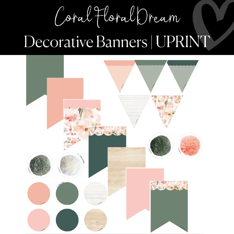 Decorative Classroom Banners | Coral Classroom Decor| Coral Floral Dream | UPRINT  | Schoolgirl Style