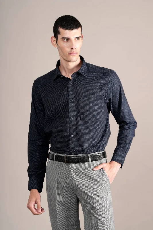 Men's Navy Self Design Full Sleeves Formal Shirt