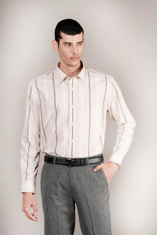 Men's Beige Striped Full Sleeves Formal Shirt