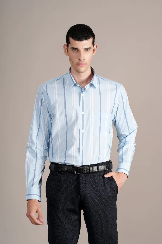 Men's Sky Blue Striped Full Sleeves Formal Shirt