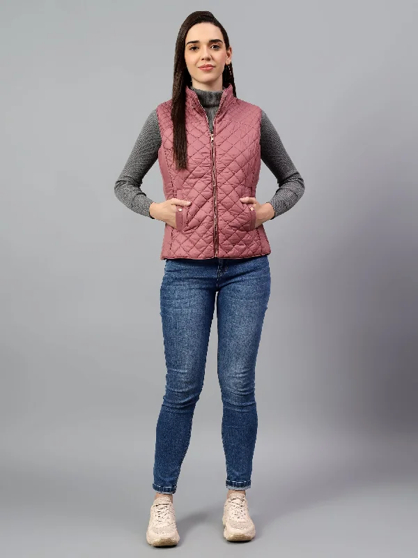 Women's Pink Solid Sleeveless Winter Jacket