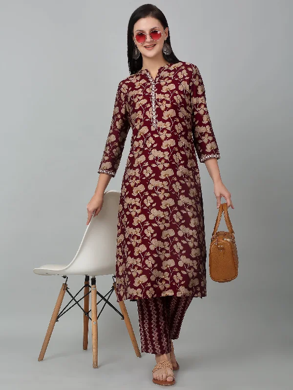 Women's Wine Printed Casual Kurta Plazzo Set