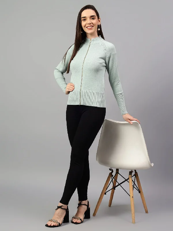 Women's Solid Aqua Full Sleeve Casual Sweater