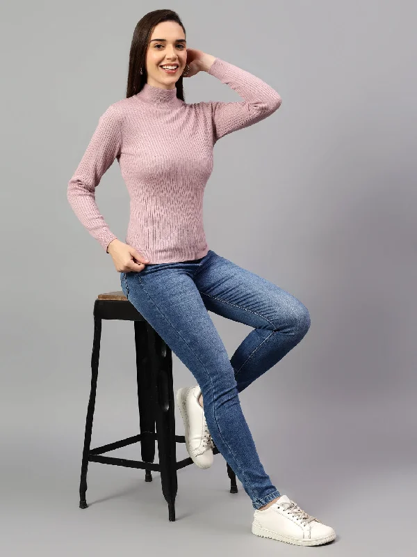 Women's Pink Self Design High Neck Skeevi