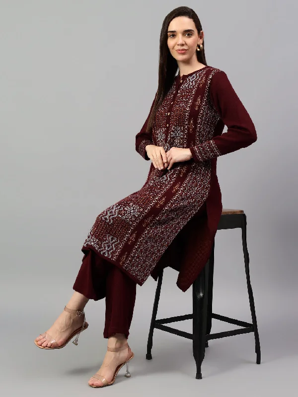 Women's Maroon Printed Round Neck Kurta Palazzo Set For Winter