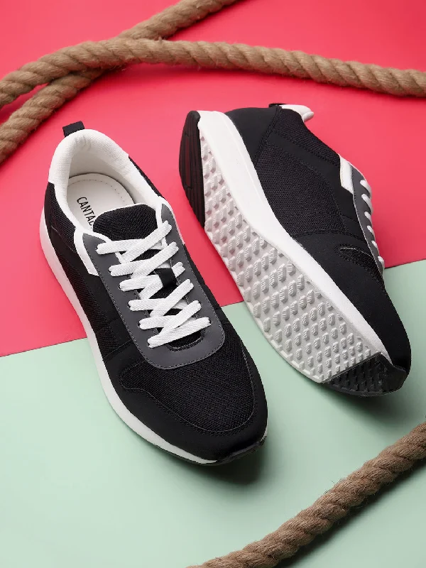 Men Lace-Up Black Self Design Casual Sneaker