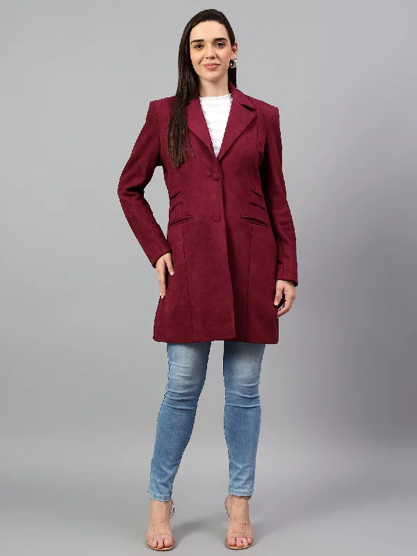 Women's Wine Solid Full Sleeves Winter Long Coat