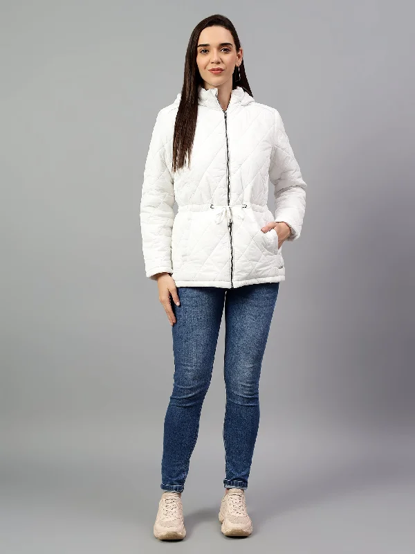 Women's Off White Solid Full Sleeves Winter Jacket