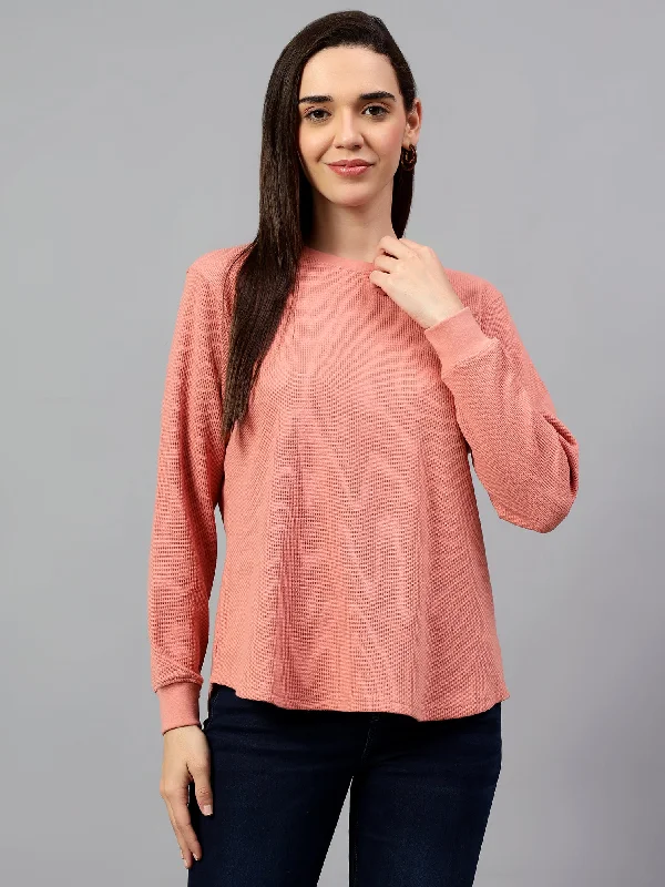 Women's Peach Self Design Round Neck Winter T-shirt