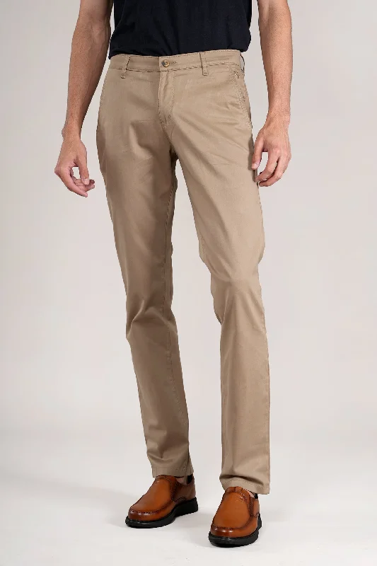 Men's Khaki Solid Non-Pleated Casual Trouser