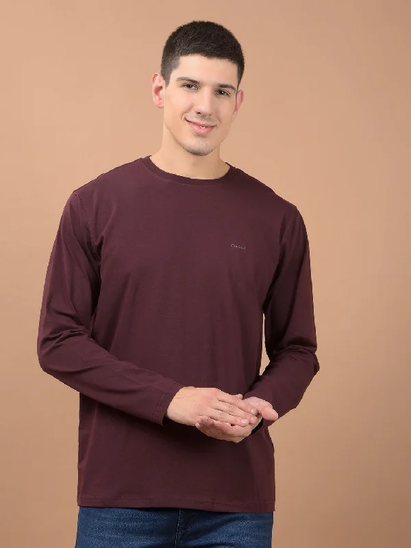 Men's Wine Self Design Full Sleeves Round Neck T-shirt For Winter