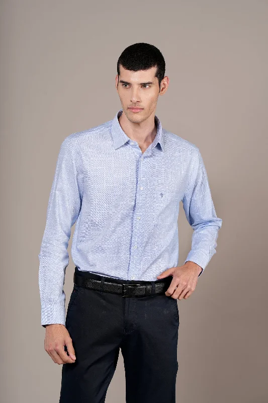 Men's Sky Blue Check Full Sleeves Formal Shirt