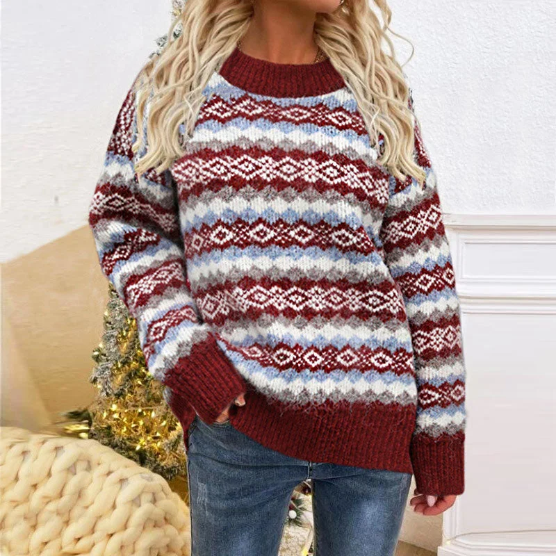 Christmas Red Nordic Fair Isle Geometric Jacquard Knit Pullover Sweater