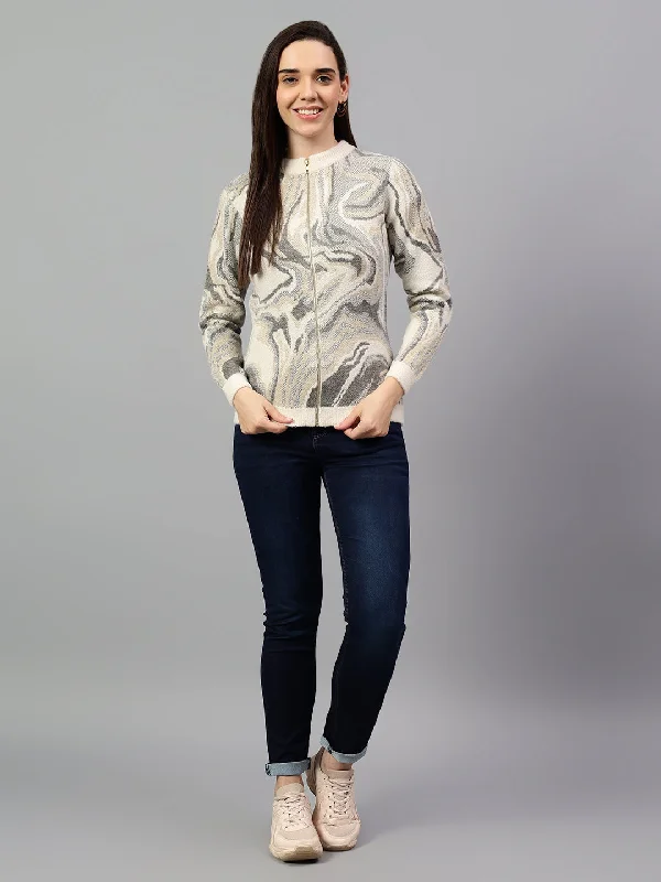 Women's Printed Ivory Full Sleeve Casual Sweater