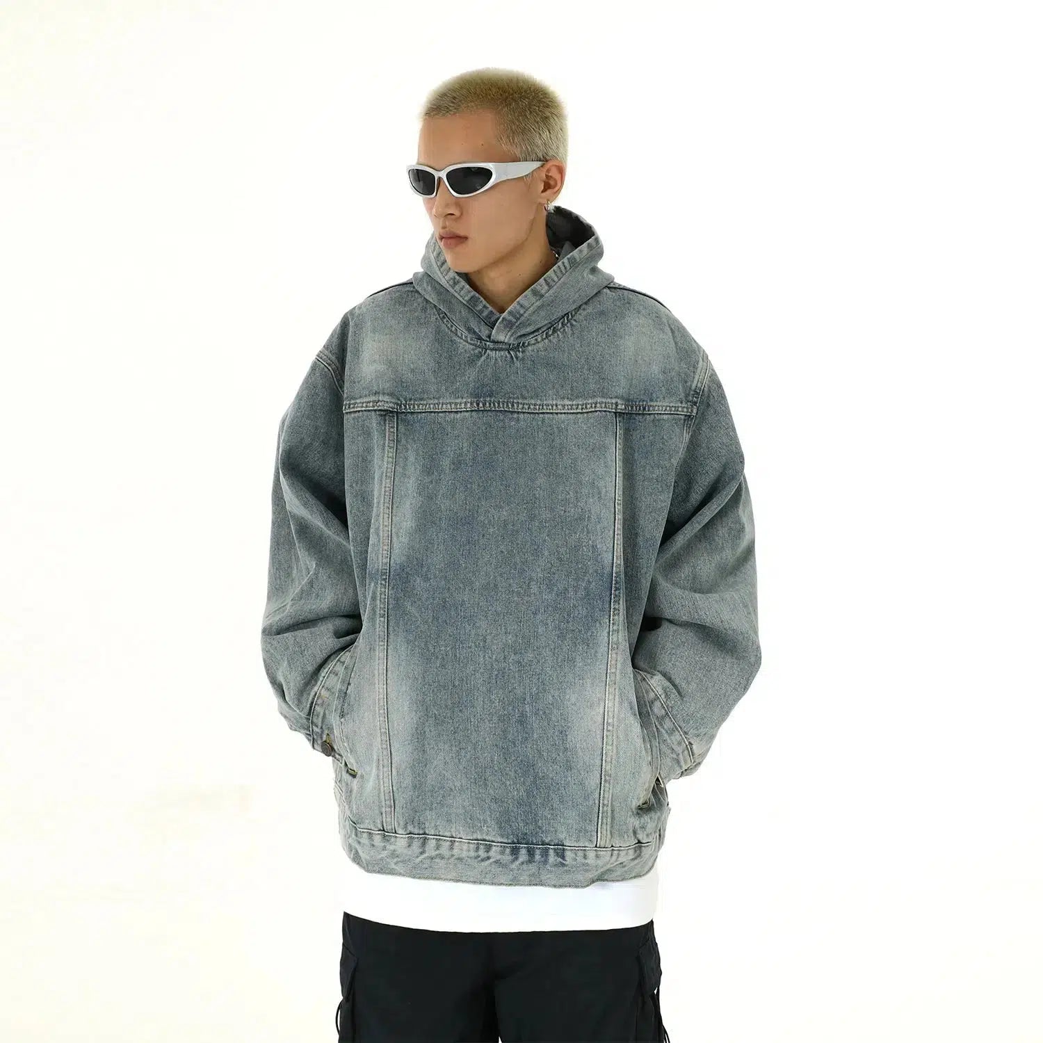 Washed Hooded Denim Sweatshirt