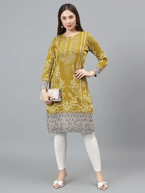 Women's Mustard Self Design Round Neck Kurti