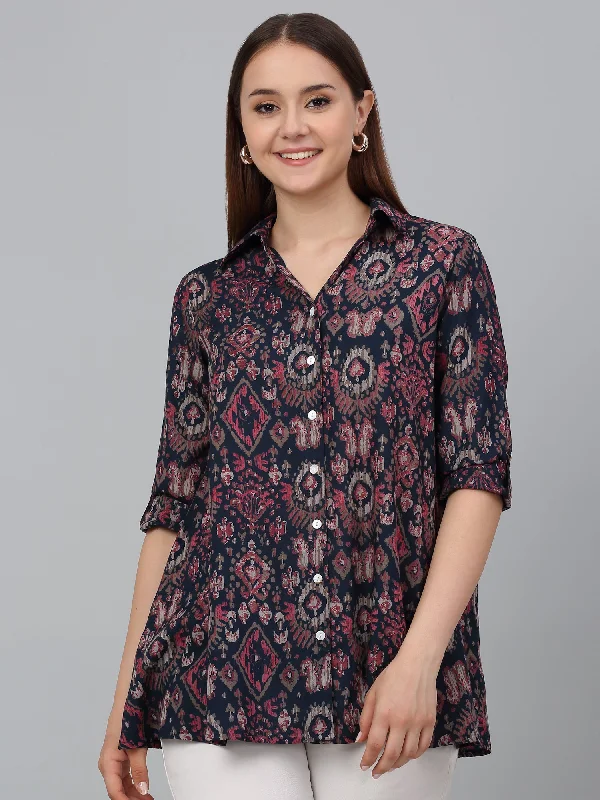 Women Multicolor Printed Spread Collar Casual Tunic