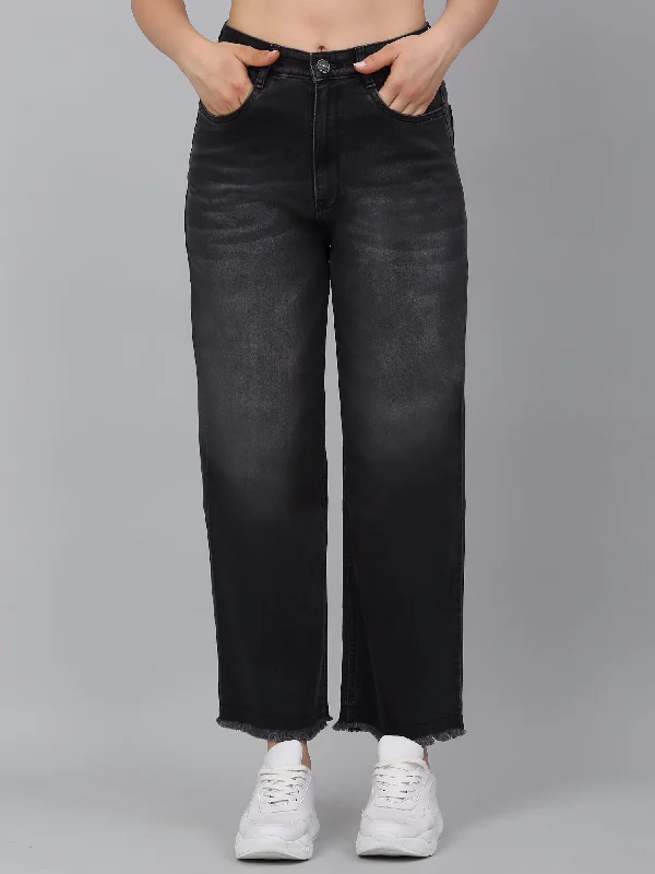 Women's Black Solid Wide Leg Stretchable Jeans