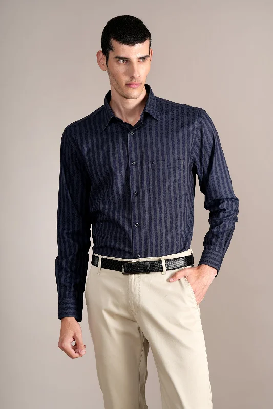 Men's Navy Blue Striped Full Sleeves Formal Shirt