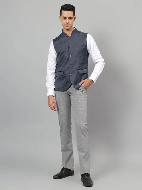 Men's Navy Blue Self Design Partywear Waistcoat