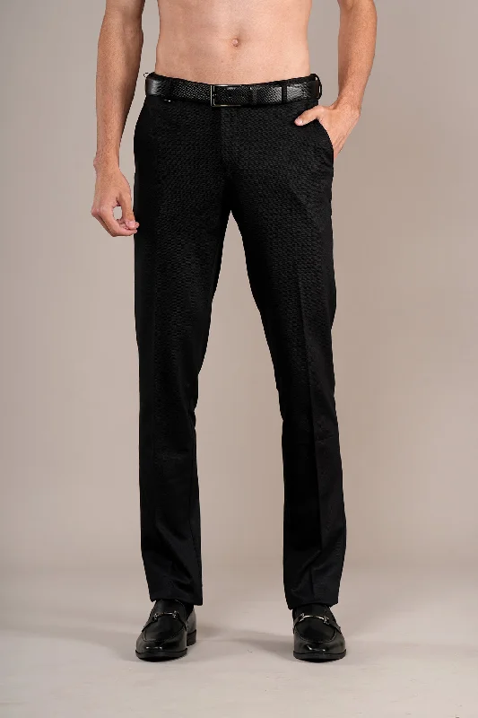 Men's Black Self Design Non-Pleated Formal Trouser