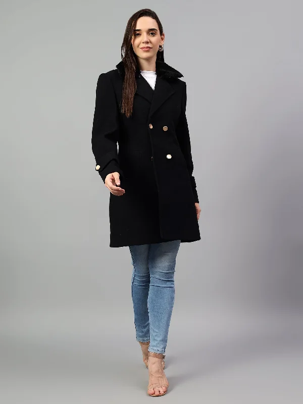 Women's Navy Blue Solid Full Sleeves Winter Long Coat