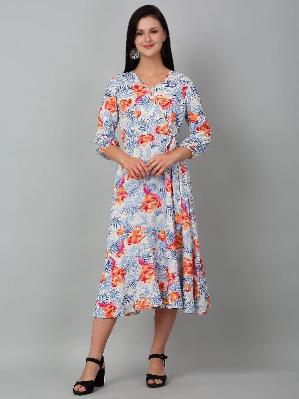 Women Sky Blue V-Neck Printed Dress