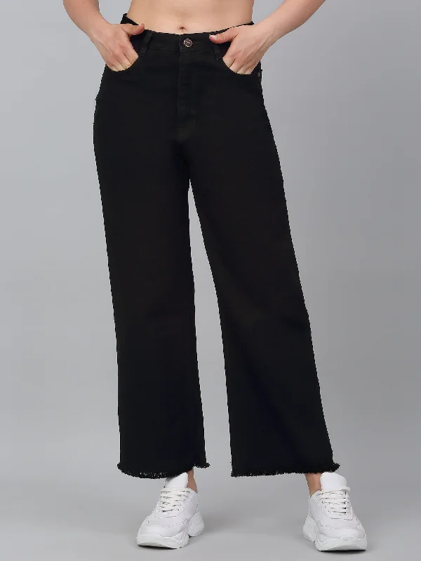 Women's Black Solid Wide Leg Stretchable Jeans