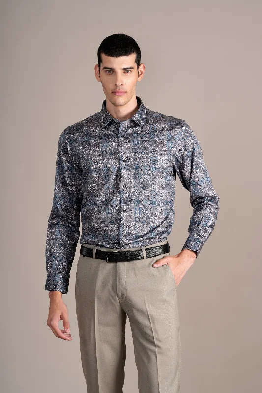 Men's Grey Printed Partywear Full Sleeves Shirt