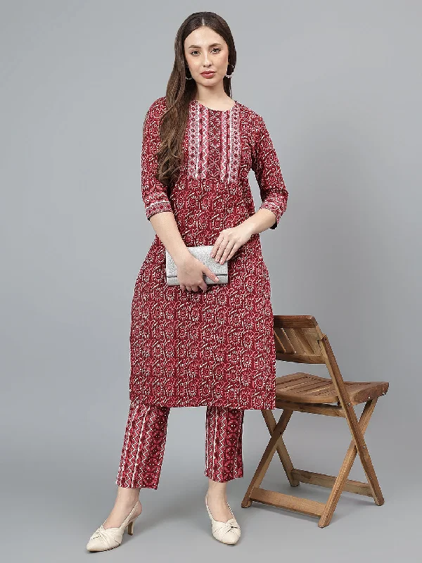 Women's Maroon Printed Casual Kurta Plazzo Set