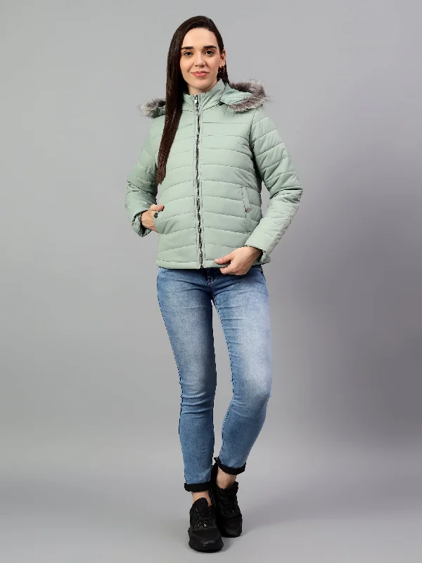 Women's Green Solid Full Sleeves Winter Jacket