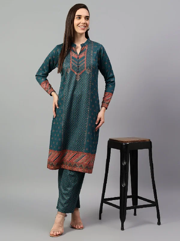 Women's Green Printed Mandarin Collar Kurta Palazzo Set For Winter