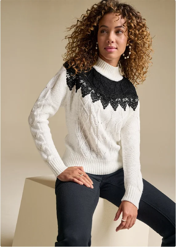 Lace Detail Mock Neck Sweater - Off White & Black