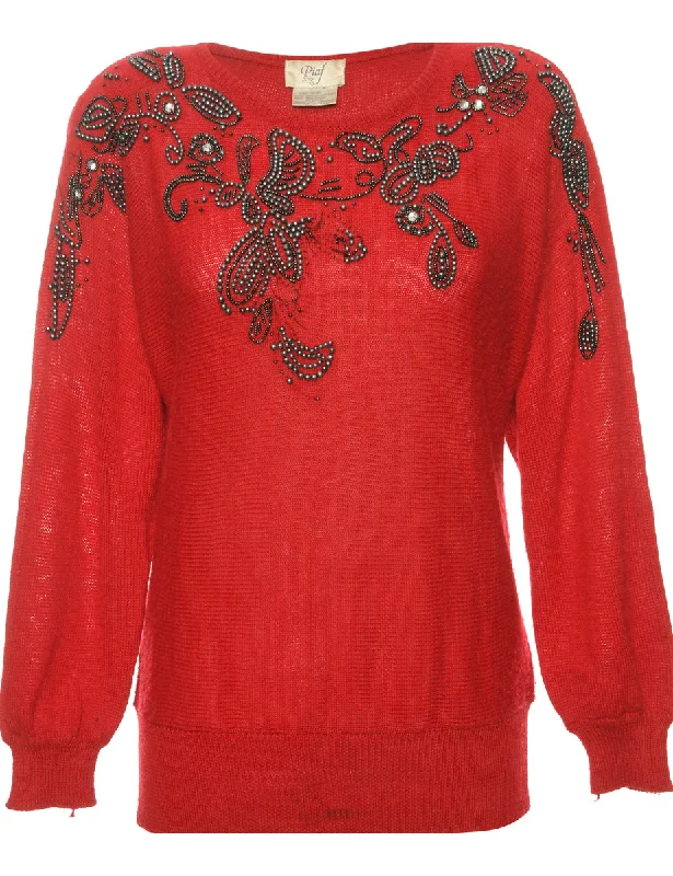 Embellished Red 1980s Jumper - S