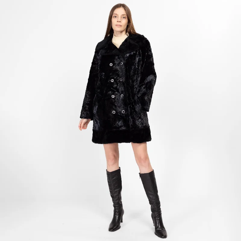 Med-Lrg 70s Black Faux Fur Crushed Velvet Teddy Coat