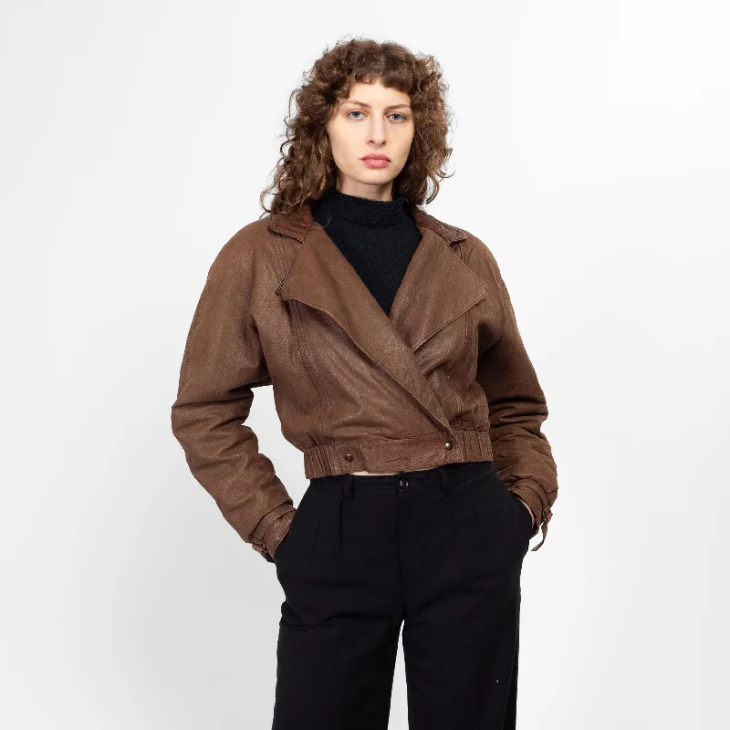 Medium 80s Brown Leather Cropped Bomber Jacket