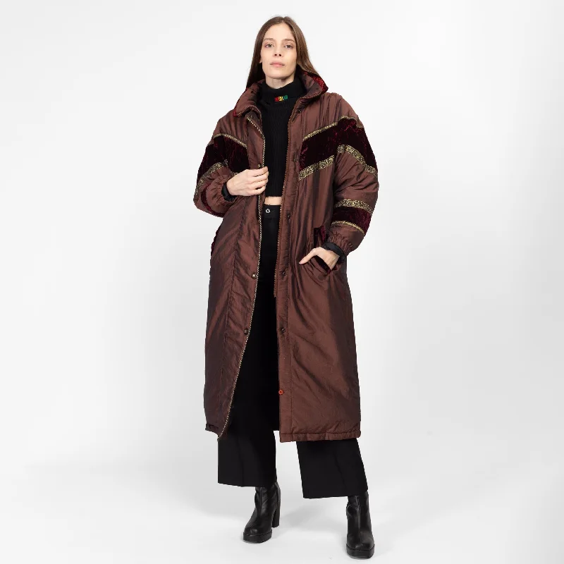 Medium 80s Brown Velvet Trim Puffer Maxi Coat