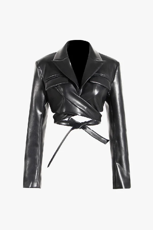 Moto Lapel Strong Shoulder Long Sleeve Wrap Faux Leather Biker Jacket