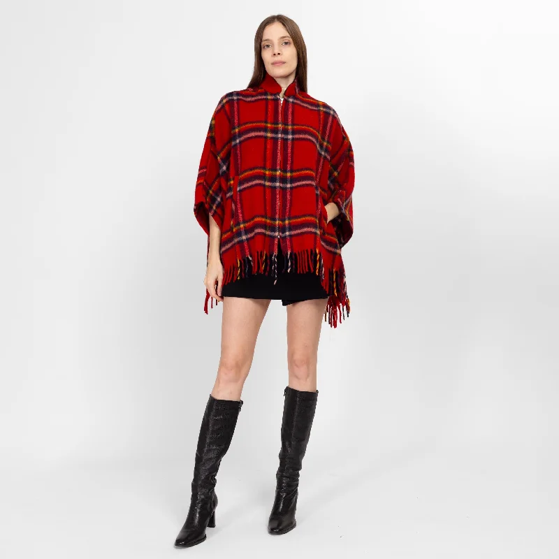 Sm-Med 60s 70s Red Plaid Wool Fringe Cape