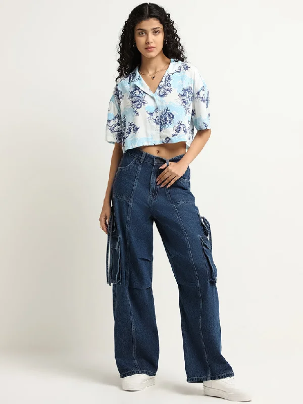 Nuon Blue Wide-Leg High Rise Cargo Denim Jeans