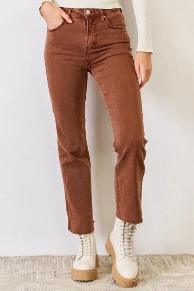 RISEN High Rise Tummy Control Straight Jeans with side slit in Espresso