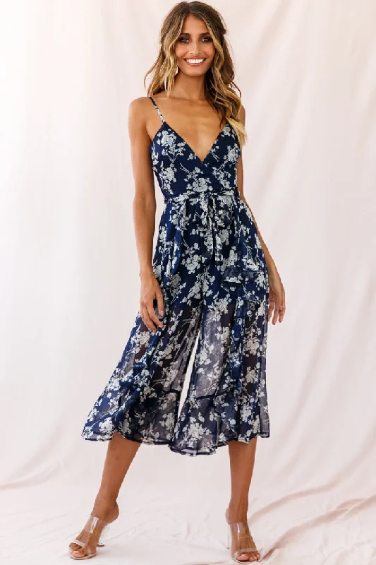 Constance Thin Strap Midi Jumpsuit Navy/White Flower