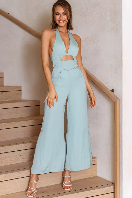 Guest List Halterneck Open Back Jumpsuit Pistachio