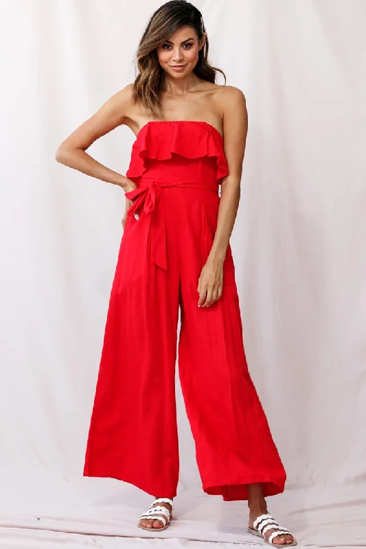 Hamilton Bandeau Ruffle Wide Leg Jumpsuit Red