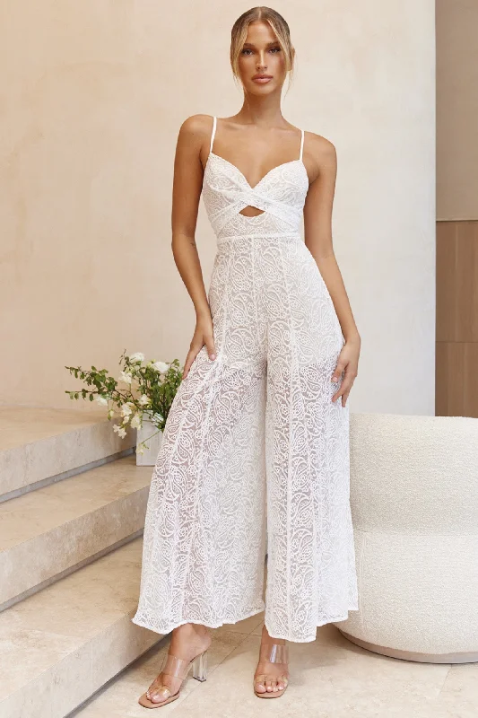 Just Like Heaven Crossover Bust Wide Leg Lace Jumpsuit White