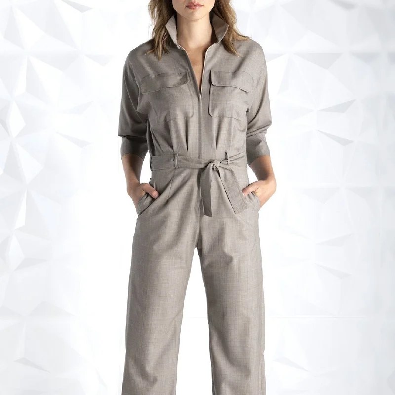 Taupe Cool Wool Plaid Jumpsuit