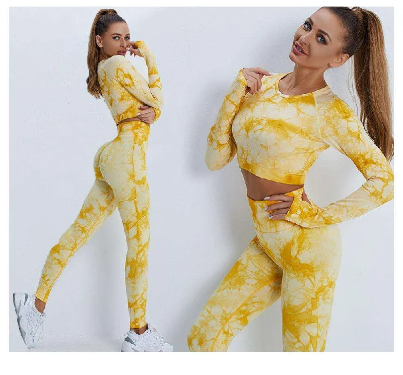 Fitness Pants Tie Dye Yoga Wear leggings Nude Brushed Sports Long Sleeve Suit