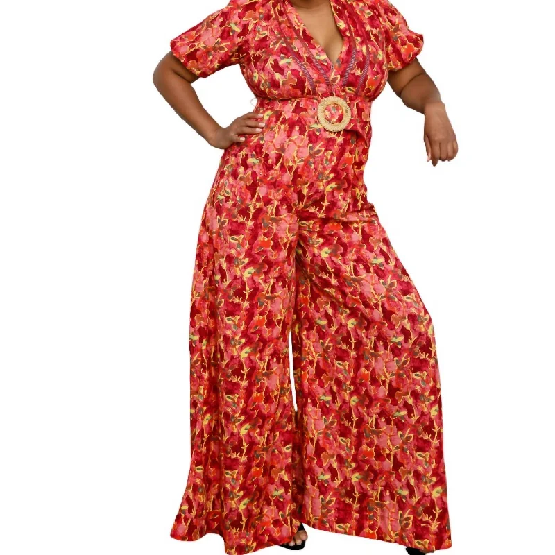 Floral Cotton Jumpsuit In Orange