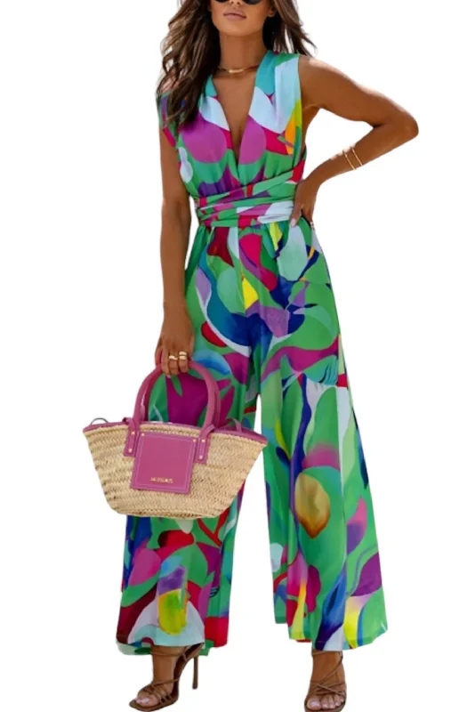 Valina Tie Up Abstract Wide Leg Jumpsuit In Green